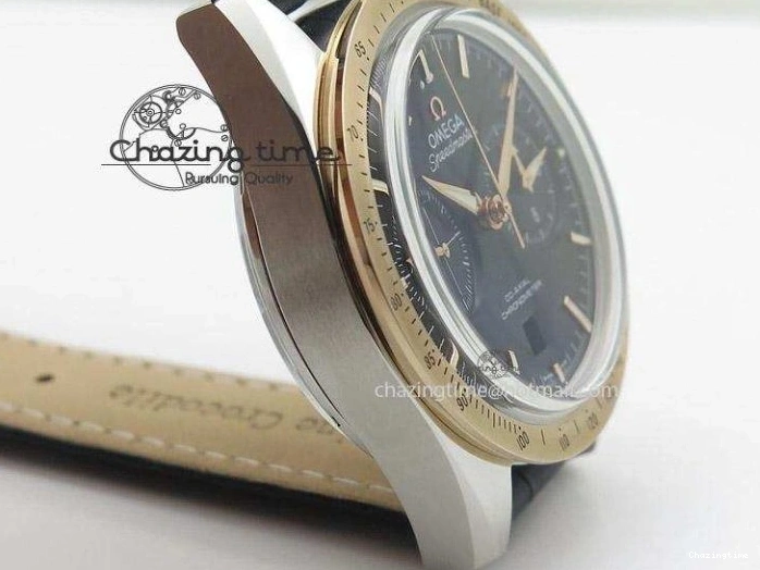 0509 Trendsetting Speedmaster ’57 SS Chrono AXF Best Edition RG Bezel Black Dial on Black Leather Strap A 8283
